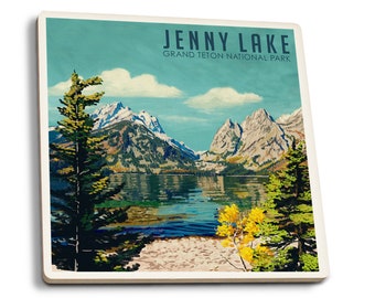 Coaster Set, Grand Teton National Park, Wyoming, Jenny Lake, Oil Painting, Lantern Press, Cork Back, Absorbent Ceramic, Unique Matching Art