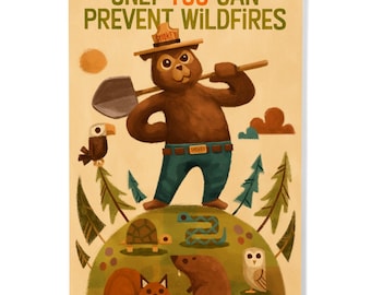 Birch Wood, Smokey Bear and Friends, Officially Licensed, Sustainable Sign or Postcards, Ready to Hang Art