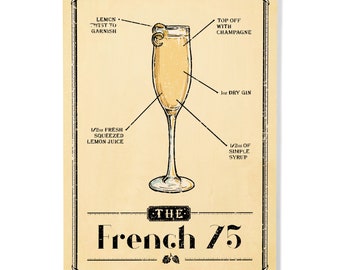 Birch Wood, Prohibition, Cocktail Recipe, French 75, Sustainable Sign or Postcards, Ready to Hang Art