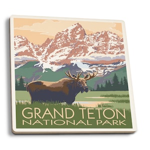 Coaster Set, Grand Teton National Park, Wyoming, Moose and Mountains, Cork Back, Absorbent Ceramic, Unique Matching Art