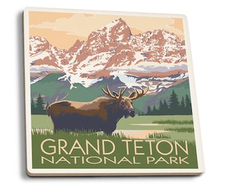 Coaster Set, Grand Teton National Park, Wyoming, Moose and Mountains, Cork Back, Absorbent Ceramic, Unique Matching Art