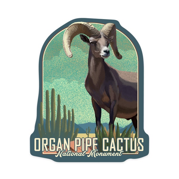 Sticker, Organ Pipe Cactus National Monument, Arizona, Bighorn Sheep, Litho, Lantern Press Artwork, Vinyl Decal, Waterproof Outdoor Use