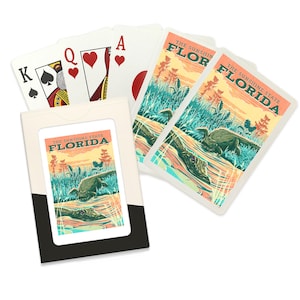 Playing Cards, Florida, Alligator Vintage Print Press, The Sunshine State, 52 Card Deck with Jokers in Box, Unique Art