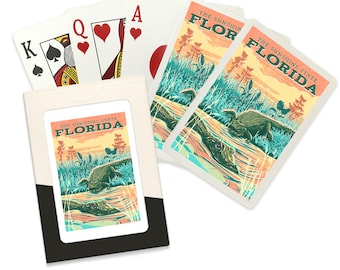 Playing Cards, Florida, Alligator Vintage Print Press, The Sunshine State, 52 Card Deck with Jokers in Box, Unique Art