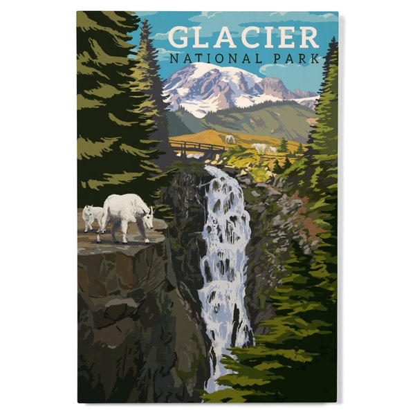 Birch Wood, Glacier National Park, Montana, Mountain Goats, Waterfall, Lantern Press, Sustainable Sign or Postcards, Ready to Hang Art