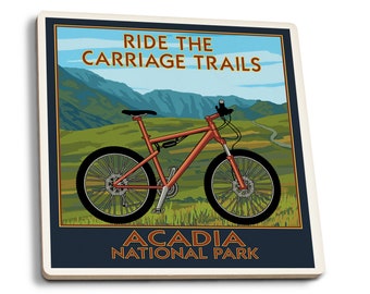 Coaster Set, Acadia National Park, Maine, Ride the Carriage Trails, Cork Back, Absorbent Ceramic, Unique Matching Art