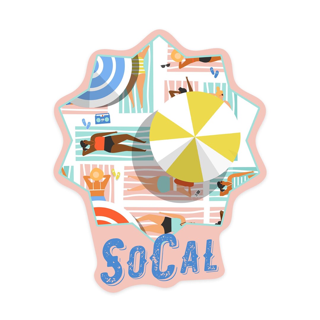 Sticker, California, Socal, Aerial Beach Scene, Loungers and Umbrellas ...