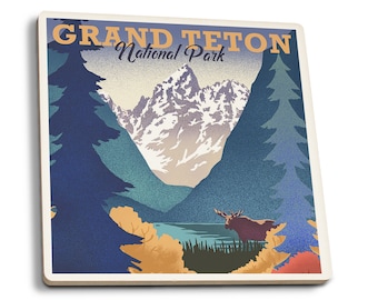 Coaster Set, Grand Teton National Park, Wyoming, Lithograph, Lantern Press Artwork, Cork Back, Absorbent Ceramic, Unique Matching Art
