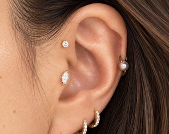Marquise Lab Diamond Flat Back Earring, 14K Gold Diamond Stud, Cartilage Tragus Helix Piercing, 0.25ct 0.50ct Diamond Earring