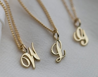 14K Cursive Letter Necklace | Gold Initial necklace / Personalized Initial 14k solid gold  necklace with curb chain • Gift for Her