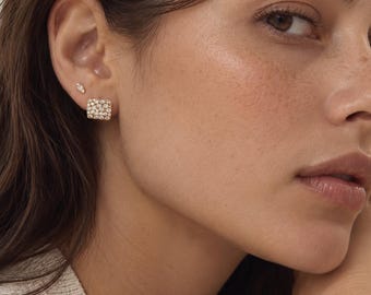 14K Gold Lab Grown Diamond Pavé Dome Stud Earrings, 2.14 CTW Diamond Half Hoop Earrings, Chunky Diamond Studs, Luxury Fine Jewelry Gift