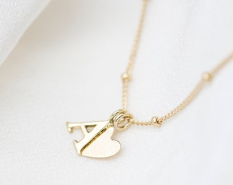 14K Solid gold Alphabet Initial Necklace with beaded Satellite chain / Gold Initial necklace 14k solid god Letter necklace with Beaded chain