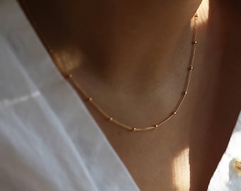 14K Gold Dainty Beaded chain Necklace // Minimalist simple necklace // Jewelry gift for her // 14K Solid by E&E PROJECT