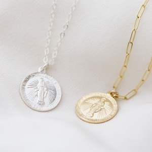 Virgin Mary Necklace / Religious Catholic Necklace / Virgin Mary Round disc / Pray for Mary Medallion Virgin Religious Pendant Charm