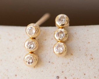 14K Gold Double triple CZ Earrings, Small Bezel Stud, Small Round CZ Diamonds, Mini Bezel Stud, 14k Tiny Diamond Stud Earrings