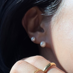 Round White Pearl Earrings | Simple Pearl Studs | 14K Solid Gold Genuine Pearl stud earrings  Valentine&#39;s Day Gift