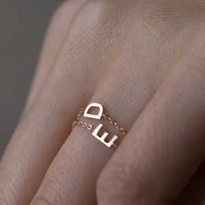 14k Letter Chain Ring | Personalized Dainty Link Initial Chain Ring  | 14k gold Simple stackable Ring | Perfect Mother's Day Gift
