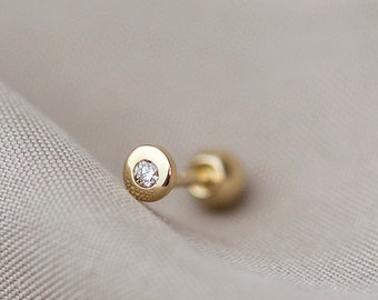 14k Gold Diamond Bezel stud earrings with ball screw backing Valentine's day gift