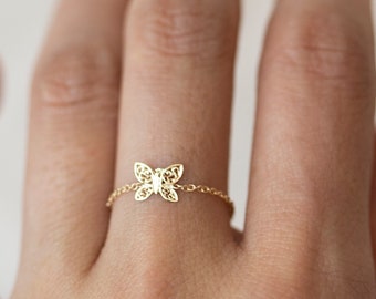 14k Dainty Gold butterfly Chain ring Perfect Gift for Her •  Gift for Her