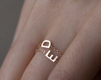 14k Letterkettingring | Gepersonaliseerde sierlijke link initiële kettingring | 14k gouden eenvoudige stapelring | Perfect Valentijnscadeau voor haar