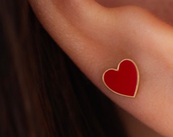 Heart Earrings | Red Enamel Heart Stud Earrings in 14k Gold | Valentine's day Gift