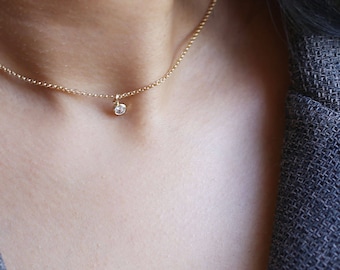 Minimalist CZ diamond necklace // Simple small Cubic Zirconia dangle short necklace // Elegant everyday necklace