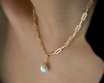 Link Pearl Necklace | Fresh water Pearl Statement Necklace |  Gold pearl Necklace