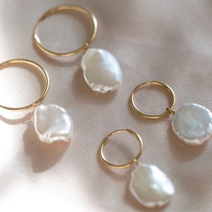 Pearl Hoop Earrings . Bridal Jewelry . Gold Hoop Earrings . Organic Pearl Hoop Earrings . Big Pearl Earrings.  •  Gift for Her