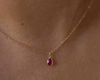 14k Yellow Gold Ruby Pear Drop Necklace | July Birthstone Valentine's day gift