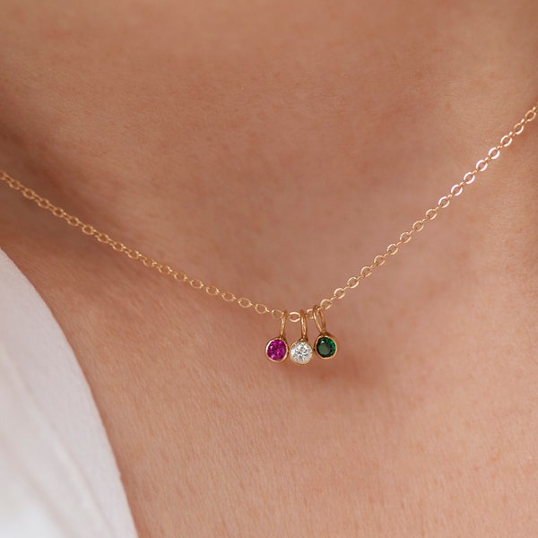14k Gold Mini Birthstone necklace / Mini Gemstone Necklace / Family Necklace / Custom gift for her