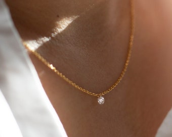 Bare Diamond Necklace in 14k gold / Genuine Diamond Solitaire Necklace / Minimalist Diamond Necklace • Christmas Gift for Her