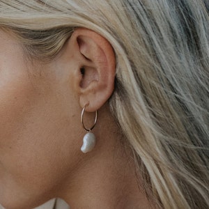 Organic Pearl Hoop Earrings  Pearl Hoop Earrings . Bridal Jewelry . Gold Hoop Earrings . Big Pearl Earrings • Christmas Gift for Her