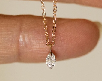 Marquise Bare Diamond Necklace in 14k gold / Lab Diamond Solitaire Necklace / Floating Diamond Necklace • Tiny diamond necklace