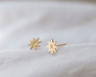 Small Starburst Stud Earrings | 14K Solid Gold Dainty Studs | Minimalist Gold Earrings | Everyday Fine Jewelry