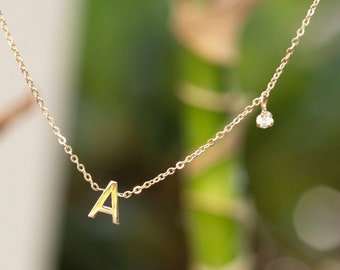 14k gold initial necklace with small side diamond dangle / Personalized Sideway Initial necklace with bezel diamond. Gift for Her