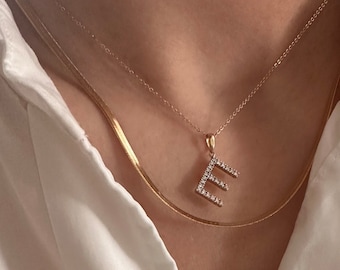 14K Solid Gold Real Diamond Initial Necklace Medium | Diamond Gift for Her 14K Solid by E&E PROJECT  Valentine's day gift