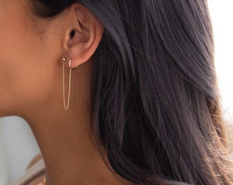 14k Gold Hoop Chained Earring // Long Chained Earrings for double piercings