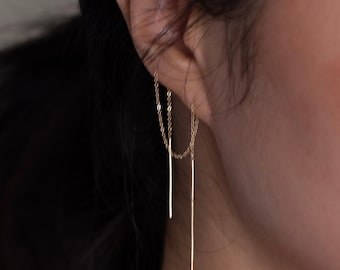14k gold Extra Long Thread Earring // 14K Gold Threader earrings // Extra Long Gold Threader Earring