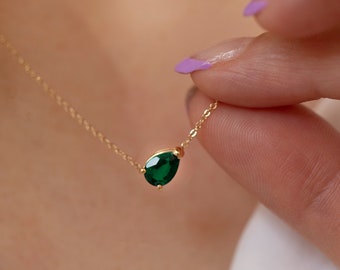 Pear Emerald Necklace in 14k solid Gold / Gemstone Gift for her / Fine jewelry