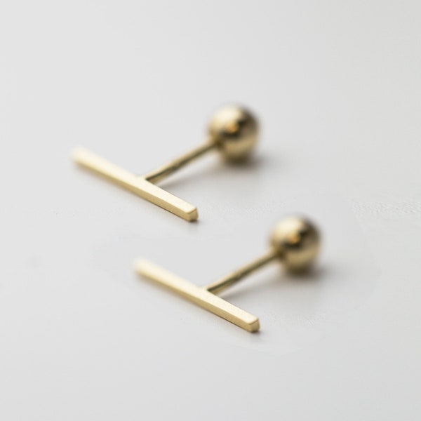 14k Line bar earrings | Solid 14K gold series | Minimalist everyday gold earrings with ball screw backings | Simple studs | Simple earrings