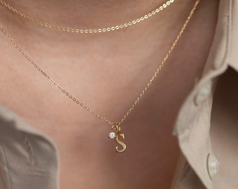 Initial Charm with Baby Diamond Solitaire Necklace