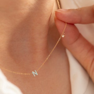 14k gold initial necklace with small side diamond dangle / Personalized Sideway Initial necklace with bezel diamond. Gift for Her