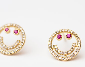 14k Gold Genuine Diamond and Ruby Smiley face Stud Earrings  // Diamond Ruby Pave Studs