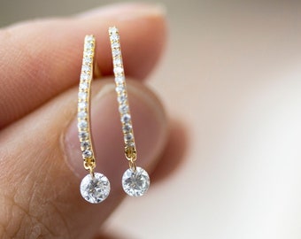14k Solitaire Diamond Drop J Hoop Earrings / Diamond gift for her • Mother's Day gift