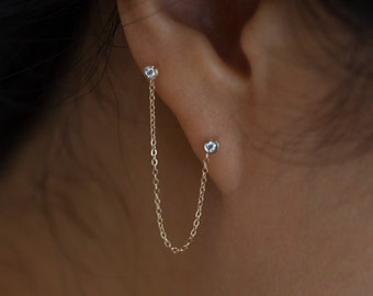 14k Chained Diamond Stud Earring | Long Chained Earrings for double piercings | Double diamond chain stud earring in 14k gold