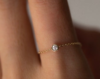 14k Solid Gold Genuine Bezel Diamond Ring // Dainty Cute Diamond Ring for Her