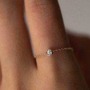 14k Solid Gold Genuine Bezel Diamond Ring // Dainty Cute Diamond Ring for Her Valentine&#39;s Day Gift