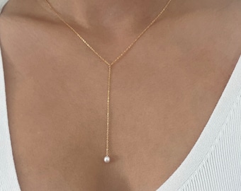 Mini pearl dainty lariat necklace