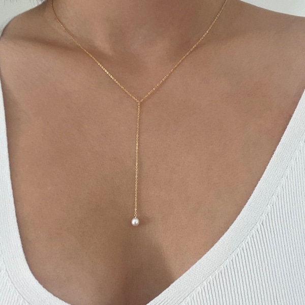 Mini pearl dainty lariat necklace