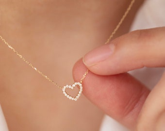 Small Diamond Heart Necklace | 14k Gold Mini Diamond Heart Necklace | Mothers Day gift | 14k Gold Diamond Heart | Valentine's Day Gift Love